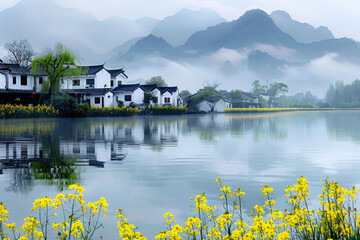 Fototapeta premium In spring, rapeseed flowers bloom, and houses by the lake
