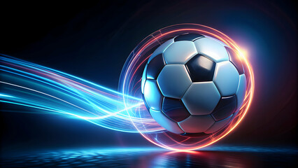 Naklejka premium Futuristic soccer ball with neon trail on dark background, futuristic, soccer ball, neon, trail, glowing