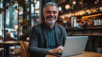 Fototapeta premium Smiling Man Using Laptop in a Cafe Setting