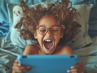A child joyfully interacts with an AI-powered learning toy in a cozy playroom, surrounded by colorful decor, natural wood furniture, and warm ambient lighting, creating a peaceful scene.