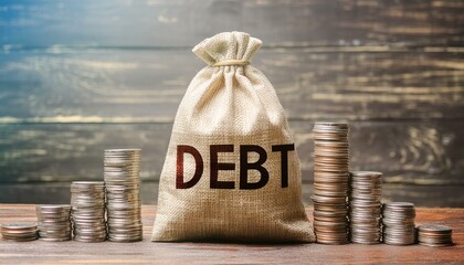 Debt burlap money bag with coins behind for home loan, car loan, education loan money repayment interest credit