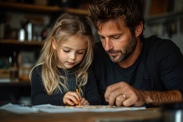 Fototapeta premium father and daughter drawing together at home - family love, warmth, and creativity