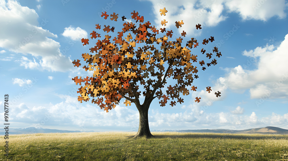 Poster a tree with its leaves and branches arranged as puzzle pieces that are either falling apart or being