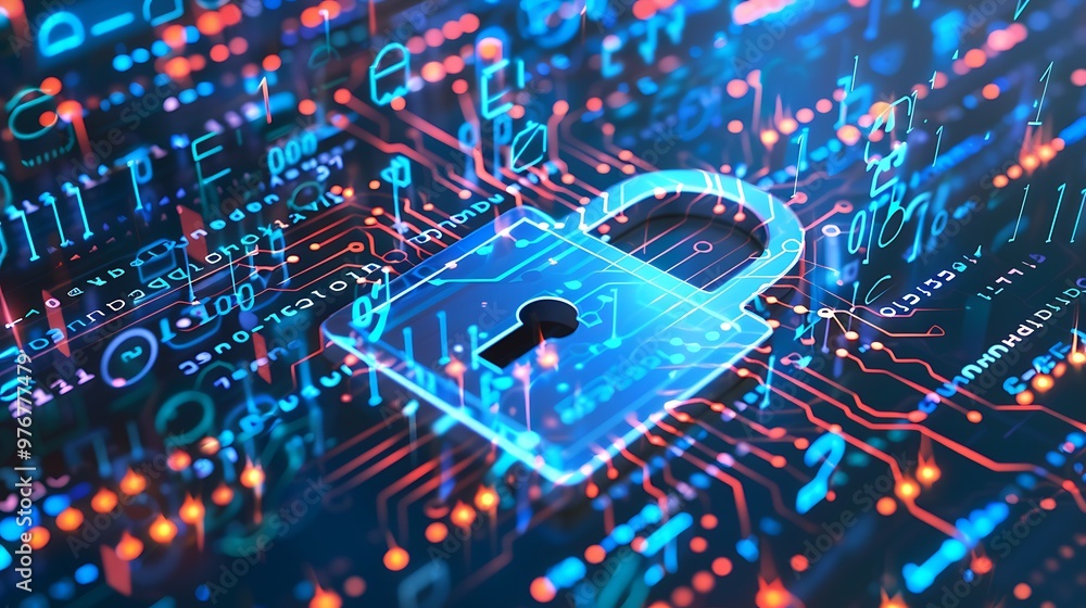 Poster digital lock illustration representing cybersecurity and data protection with glowing circuits, code