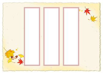 This is a Japanese paper frame of fallen leaves with an autumnal image on a strip of paper for composing haiku and tanka poems.