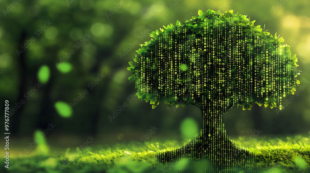 Poster a tree with its leaves as binary code, symbolizing digital transformation
