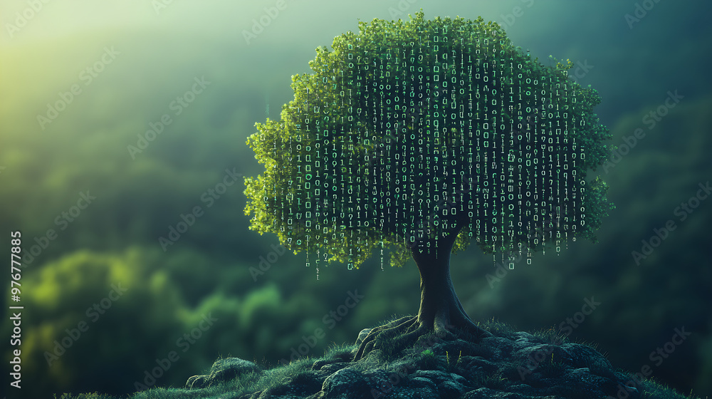 Poster a tree with its leaves as binary code, symbolizing digital transformation