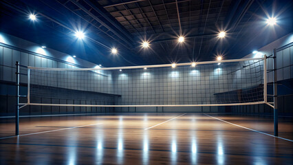 Dimly lit volleyball net in a gym, creating an atmosphere of an indoor sports arena, volleyball, net, gym, sports, indoor