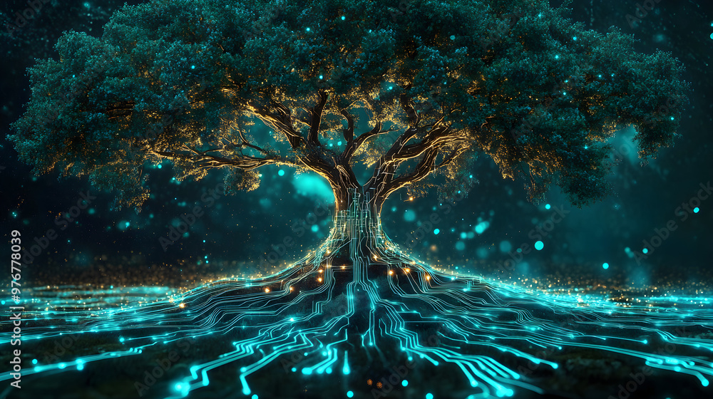 Poster a tree whose roots are depicted as circuits, merging nature with technology