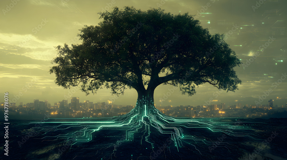 Poster a tree whose roots are depicted as circuits, merging nature with technology