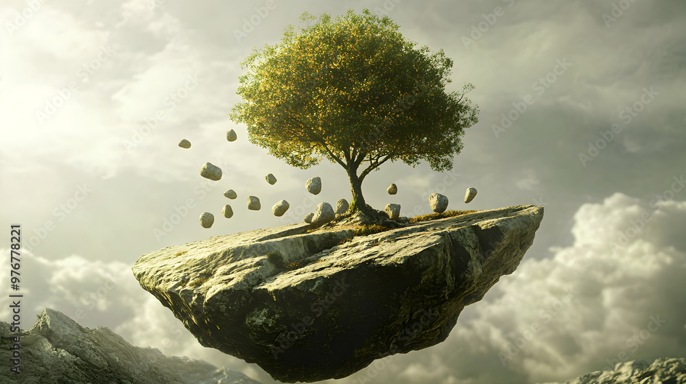 Poster a tree whose leaves are replaced with levitating rocks