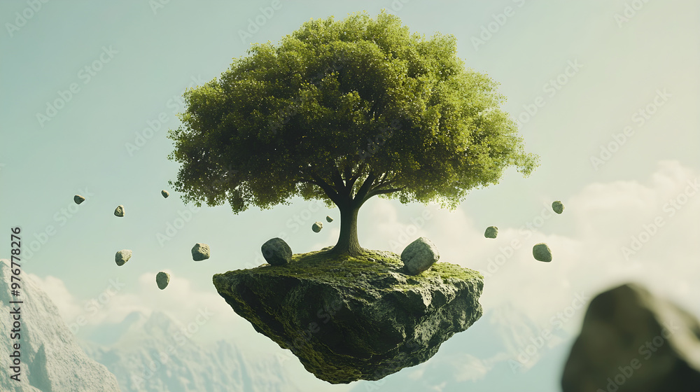 Poster a tree whose leaves are replaced with levitating rocks