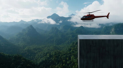 Fototapeta na wymiar Helicopter landing at a remote luxury lodge, set against a backdrop of rugged mountains and lush green forests