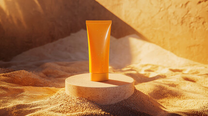 A vibrant sunscreen tube stands prominently on sleek pedestal, surrounded by soft sand. warm lighting enhances products appeal, evoking sense of summer and sun protection