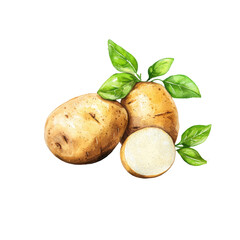 Illustration of fresh potatoes with green leaves on a black background