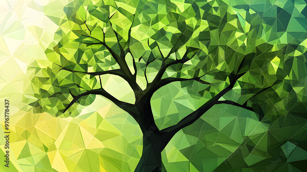 Poster a tree with perfectly shaped geometric leaves, blending nature with mathematical patterns
