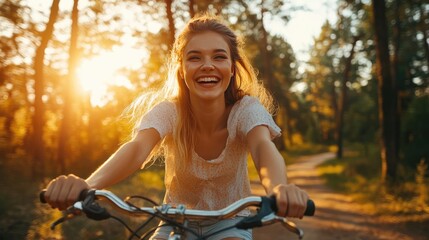 Obraz premium Joyful Woman Biking Through Forest During Sunset, Embracing Nature and Summer Vacation Vibes
