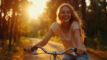 Fototapeta premium Joyful Woman Biking Through Forest During Sunset, Embracing Nature and Summer Vacation Vibes