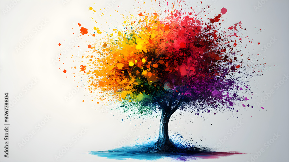 Poster a tree with leaves represented as vibrant paint splashes, adding an artistic twist