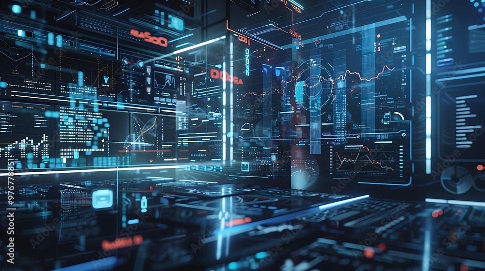 Poster digital visualization of data and information on computer screens, showcasing complex analytics and 