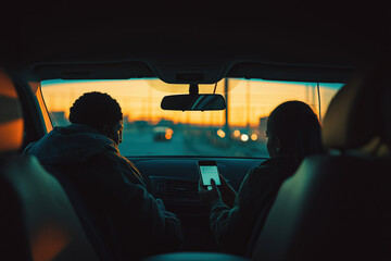 Two people are in a car, one of them is looking at a cell phone