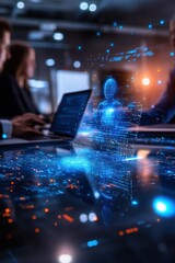 Futuristic business meeting with AI holograms  
