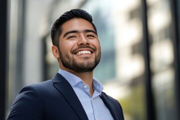 Fototapeta premium Closeup headshot outdoor portrait of young businessman standing office building. Successful smiling mexican american man in casual business suit looking aside. Copy space