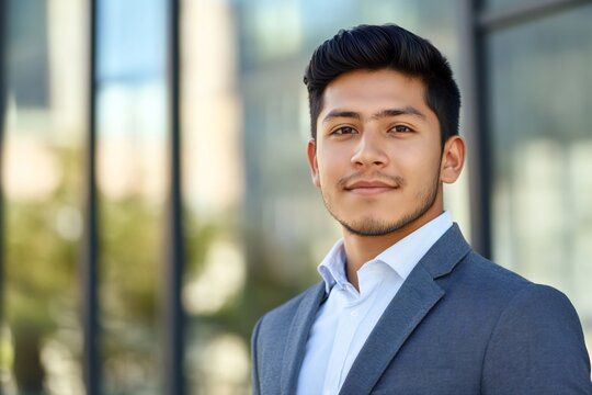 Closeup headshot outdoor portrait of young businessman standing office building. Successful smiling mexican american man in casual business suit looking aside. Copy space