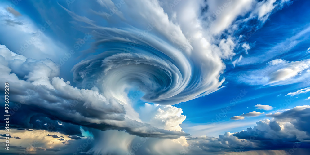 Wall mural blue sky with swirling tornado clouds, white cumulus cloud spiral background, tornado, stormy, drama
