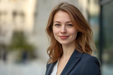Closeup headshot outdoor portrait of young businesswoman standing office building. Successful smiling german woman in casual business suit looking aside. Copy space