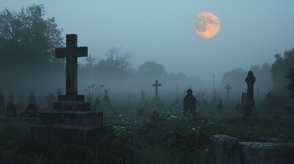 A spooky cemetery with fog rolling in and a full moon shining above