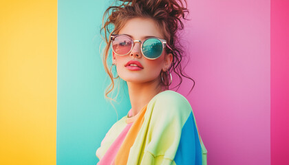 Stylish young woman with wavy hair and sunglasses, posing confidently against a vibrant multicolored background, showcasing a trendy and colorful fashion style.