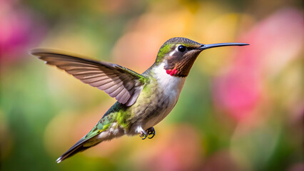 Fototapeta premium Close-up of a hummingbird in fast mid-flight with blurred background, hummingbird, bird, flight, wings, rapid, motion