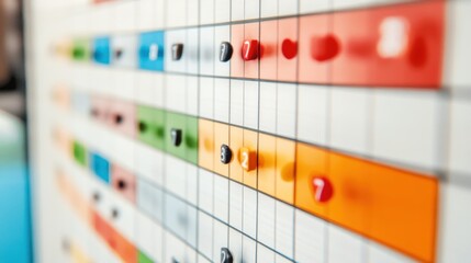 A close-up of a colorful planning board with rows, columns, and various colored pins, indicating a scheduling or project tracking system in use.