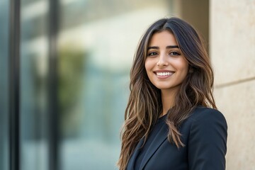 Closeup headshot outdoor portrait of young middle eastern Israel businesswoman standing office building. Successful smiling indian or arabic woman in casual business suit looking aside. Copy space --a