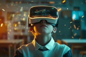 boy in VR glasses, in the classroom with holographic data and virtual reality elements floating around 