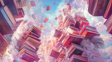 A birds-eye view of modern novels stacked in a whimsical, surrealist landscape, featuring floating pages and dreamlike colors, a blend of CG 3D and vibrant watercolor styles