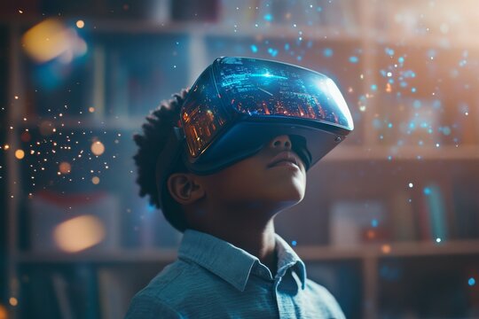 close-up photo of boy in VR glasses, in the classroom with holographic data and virtual reality elements floating around 
