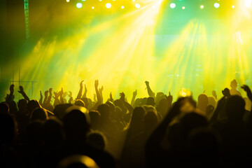 Crowd at concert and colorful stage lights.