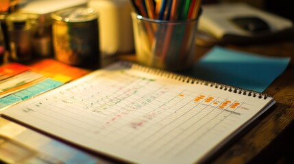 A well-lit desk with a planner, colorful markers, and various stationery items suggesting a planning session or organizational task in progress.