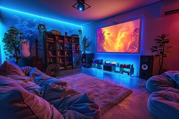 A gaming room designed for comfort, with oversized bean bags, a projector screen, a modular shelving system for games and consoles, and warm, adjustable lighting for late-night gaming sessions.