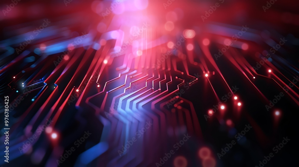 Poster vibrant close-up of a circuit board with glowing lines and lights, representing technology and innov