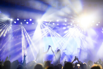 Crowd at concert and colorful stage lights.
