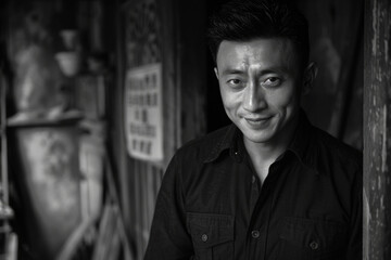 Obraz premium Japanese elderly facial close-up photo, black and white photo