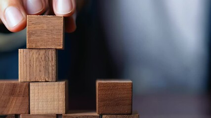 A close-up of a hand placing a wooden block on a tower illustrates balance and precision in stacking. warm wood tones evoke creativity, ideal for teamwork and project management themes.