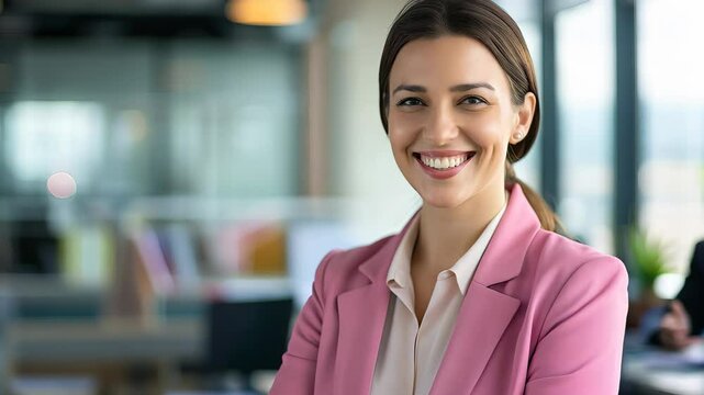 A confident professional woman in a modern office setting wears a light pink blazer over a white blouse. Her warm smile adds to the bright, collaborative workspace around her.