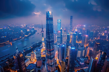Naklejka premium At night, high-rise buildings in modern cities
