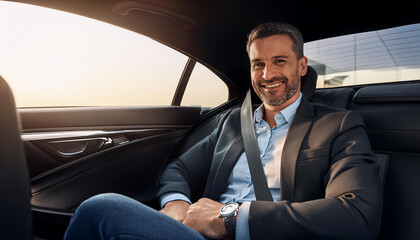 persona adulto feliz sentado en un coche negro en el asiento del pasajero