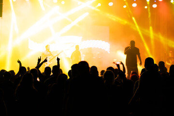Crowd at concert and colorful stage lights.
