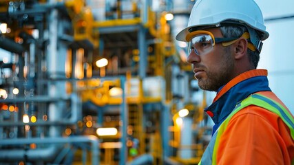 A focused male industrial worker in a refinery wears a white hard hat, protective eyewear, and a high-visibility vest. backdrop of complex machinery emphasizes safety in high-risk industries.